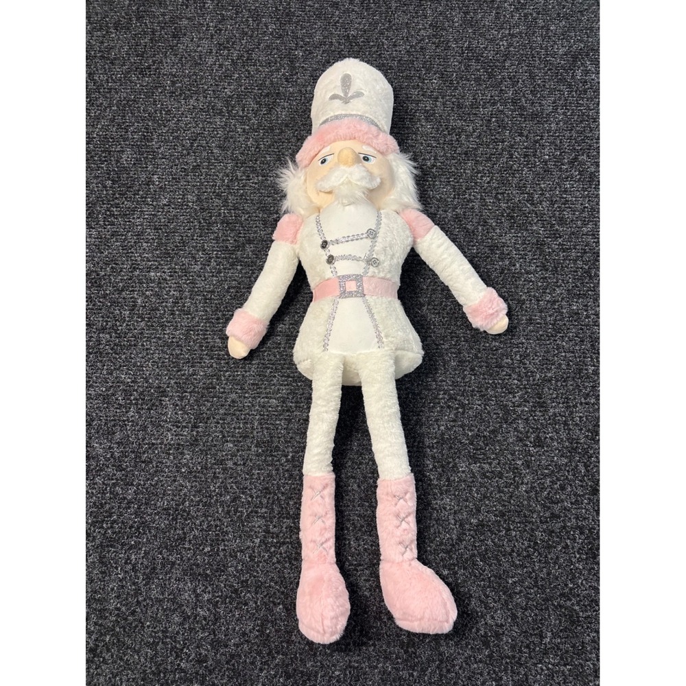 Plush Nutcracker Doll White Pink Silver Glitter Christmas Holiday Decor 24 Inch